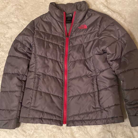The North Face puffer jacket, grey, pink zipper and logo - Picture 3 of 3